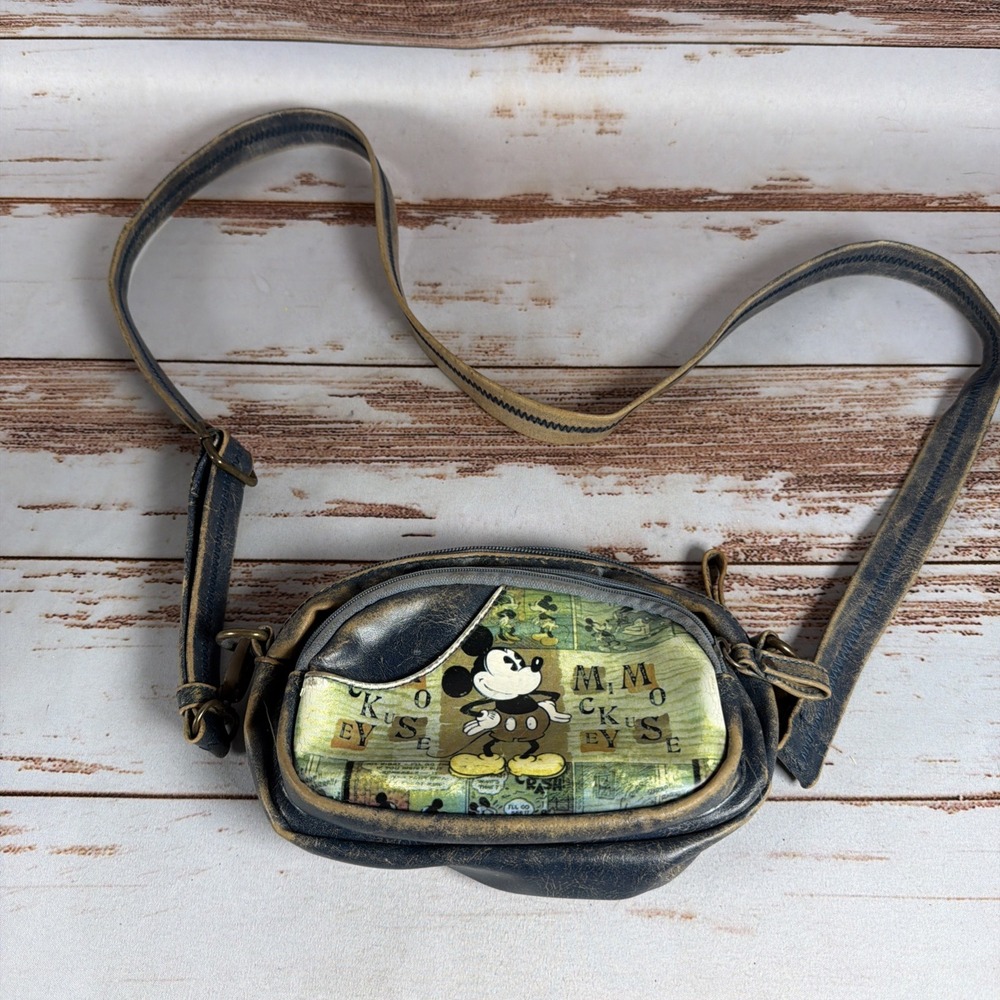 Disney Mickey Mouse Crossbody Bag Purse Distressed Faux Leather Denim Look Blue